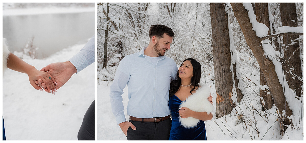couple in the snow during an engagement session in Leavenworth